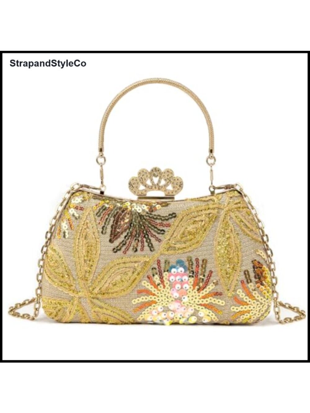 Floral Sequin Embroidered Clutch Evening Bag with Chain Strap